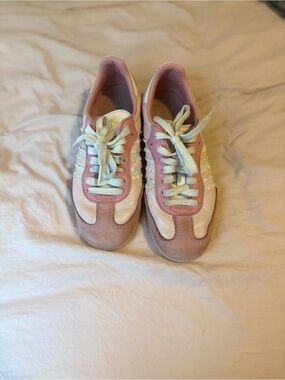 Pink and white adidas sambas with ruffles on the side